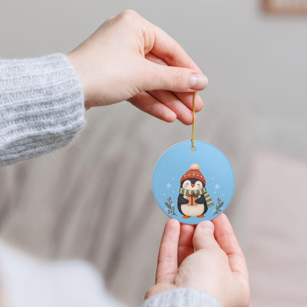Cozy Winter Penguin Ceramic Ornament, Double Sided Round Christmas Decoration, Holiday Keepsake Gift