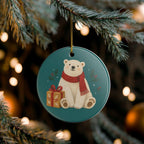 Polar Bear with a Gift Ceramic Ornament, Double Sided Round Christmas Decoration, Holiday Keepsake Gift