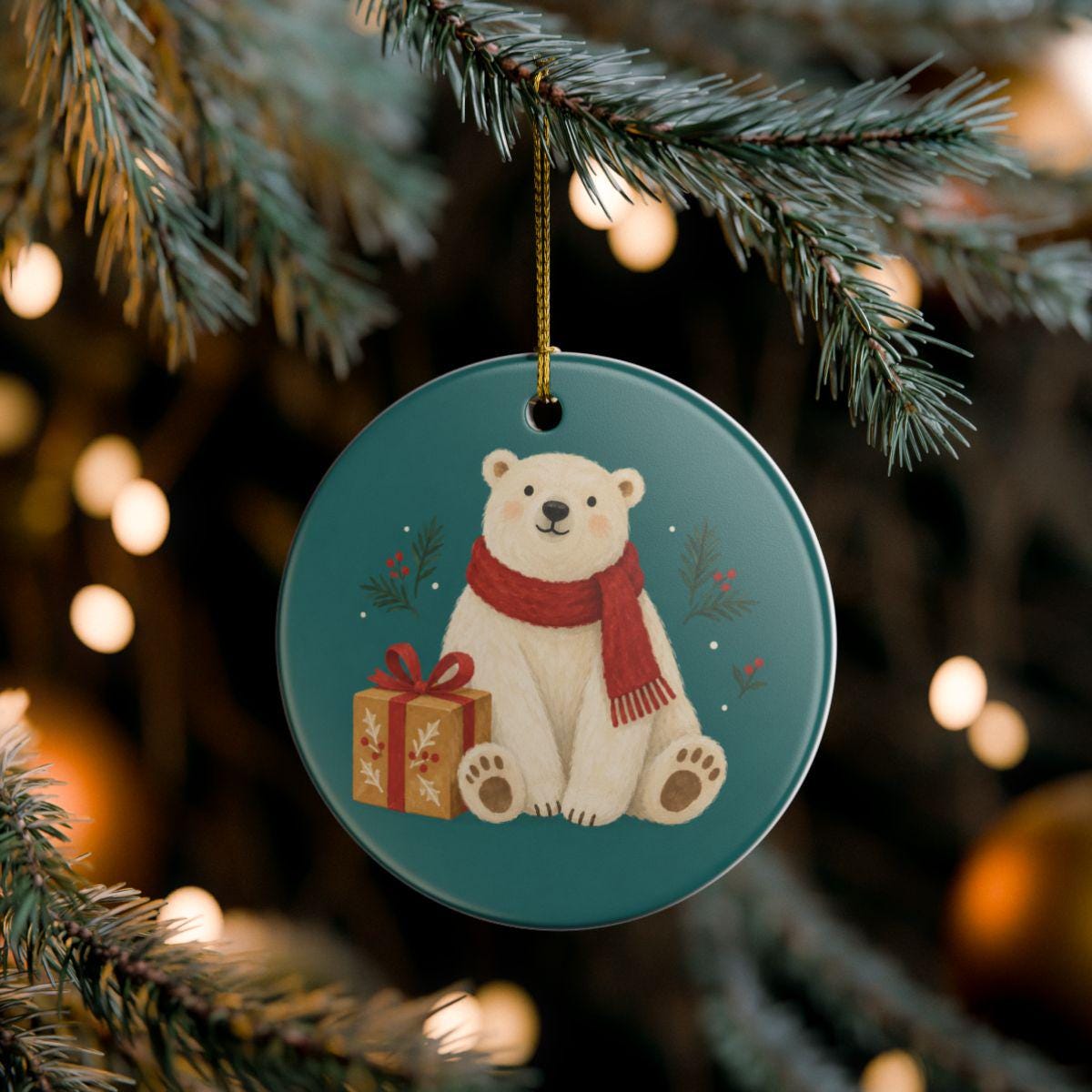 Polar Bear with a Gift Ceramic Ornament, Double Sided Round Christmas Decoration, Holiday Keepsake Gift