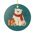 Polar Bear with a Gift Ceramic Ornament, Double Sided Round Christmas Decoration, Holiday Keepsake Gift