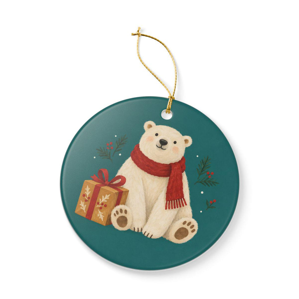 Polar Bear with a Gift Ceramic Ornament, Double Sided Round Christmas Decoration, Holiday Keepsake Gift
