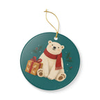 Polar Bear with a Gift Ceramic Ornament, Double Sided Round Christmas Decoration, Holiday Keepsake Gift