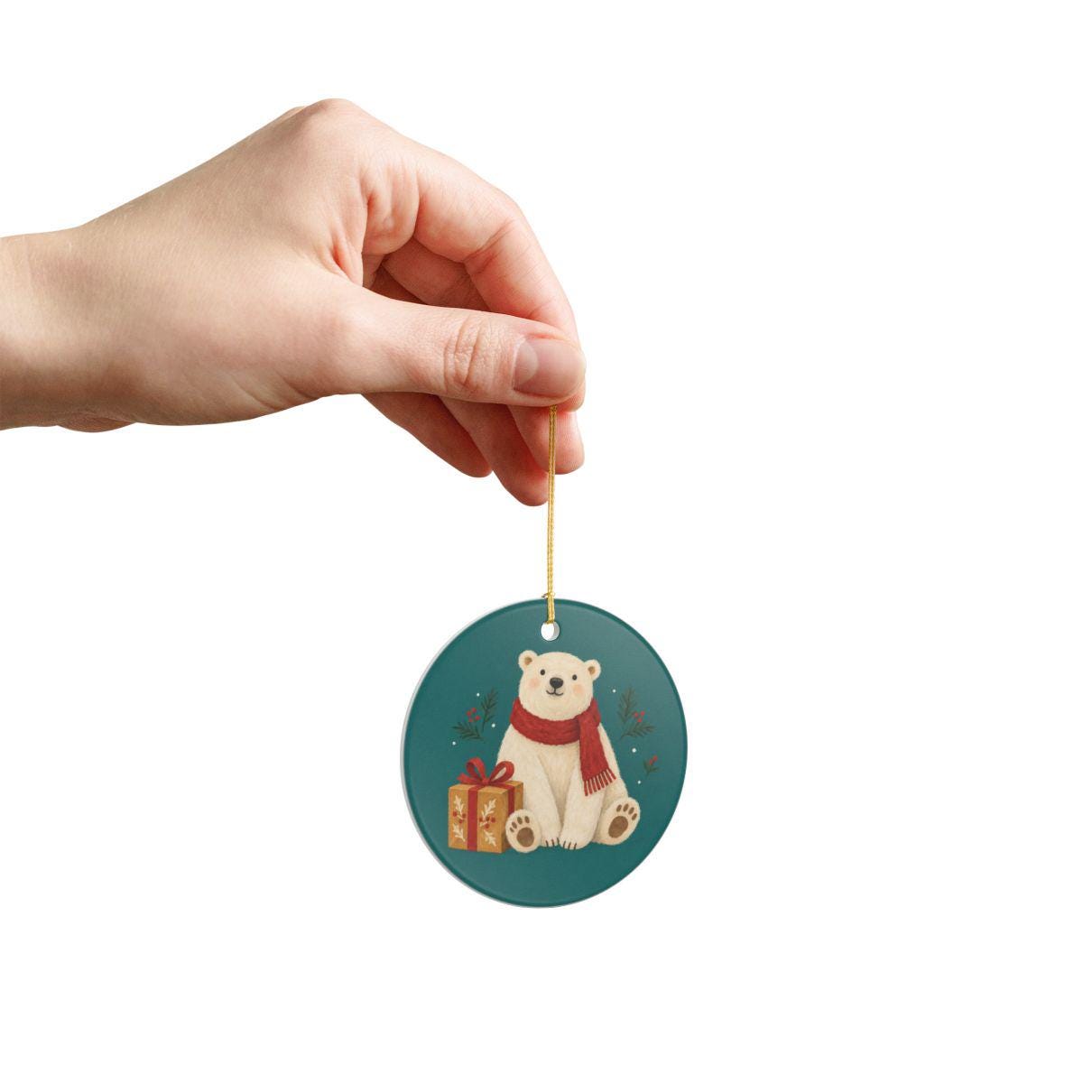 Polar Bear with a Gift Ceramic Ornament, Double Sided Round Christmas Decoration, Holiday Keepsake Gift