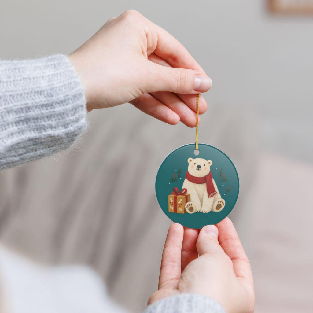 Polar Bear with a Gift Ceramic Ornament, Double Sided Round Christmas Decoration, Holiday Keepsake Gift