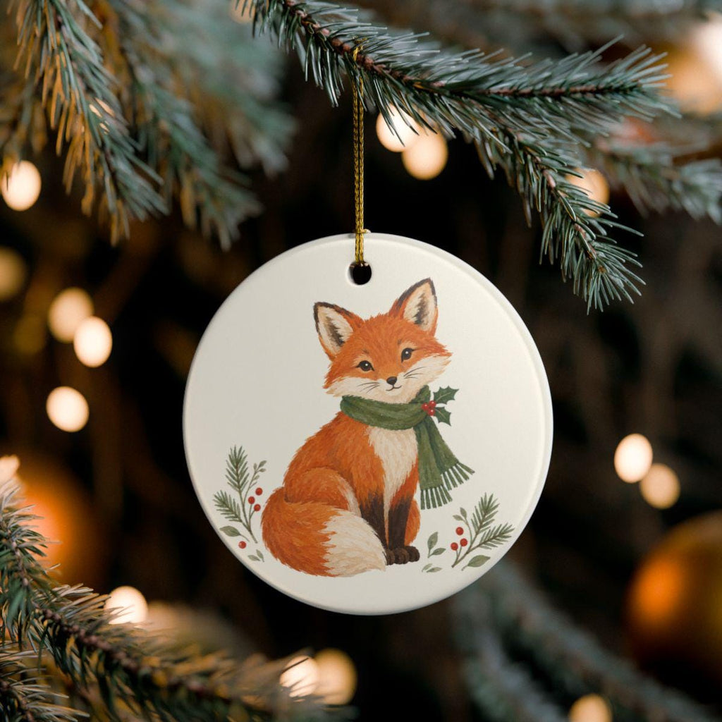 Christmas Woodland Fox Ceramic Ornament, Double Sided Round Christmas Decoration, Holiday Keepsake Gift
