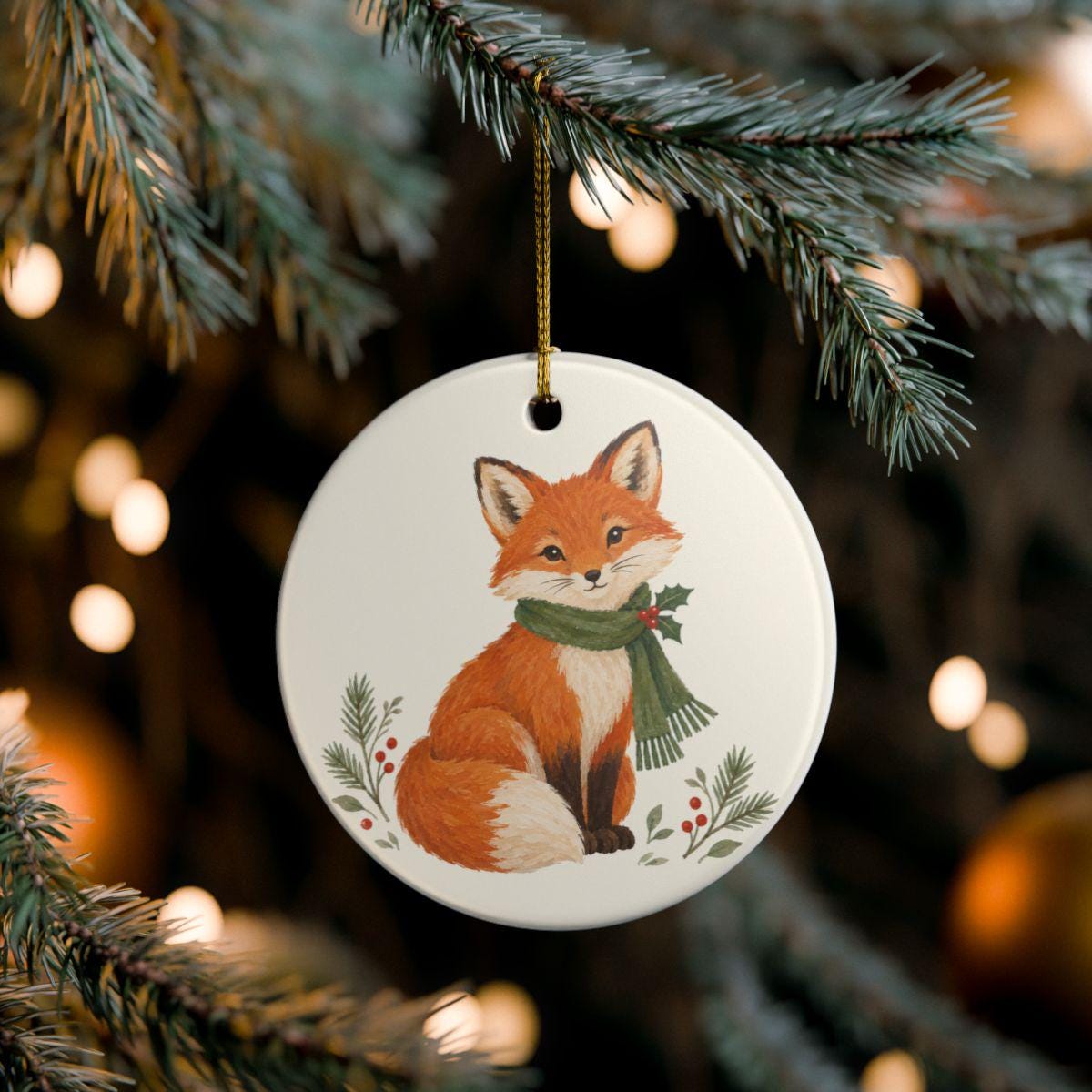 Christmas Woodland Fox Ceramic Ornament, Double Sided Round Christmas Decoration, Holiday Keepsake Gift