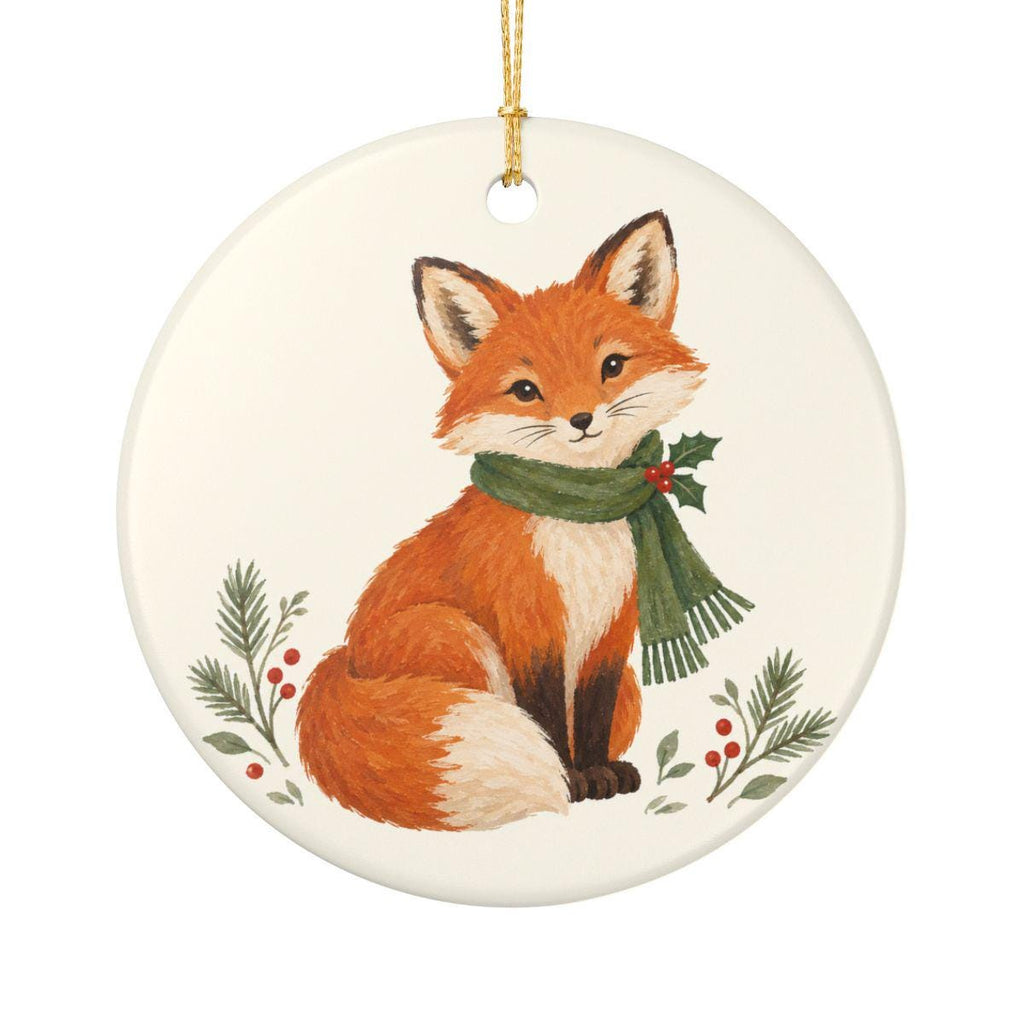 Christmas Woodland Fox Ceramic Ornament, Double Sided Round Christmas Decoration, Holiday Keepsake Gift