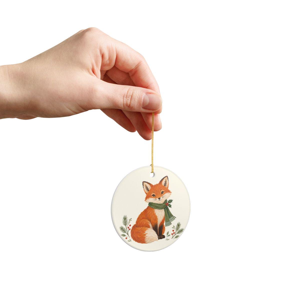 Christmas Woodland Fox Ceramic Ornament, Double Sided Round Christmas Decoration, Holiday Keepsake Gift