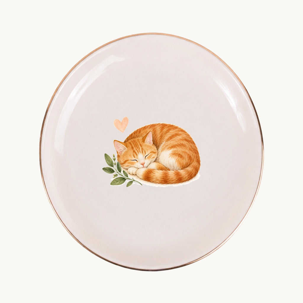 Sleeping Cat Ceramic Ring Dish, Gold Rim Trinket Tray, Jewelry Holder Gift, Five Shape Options