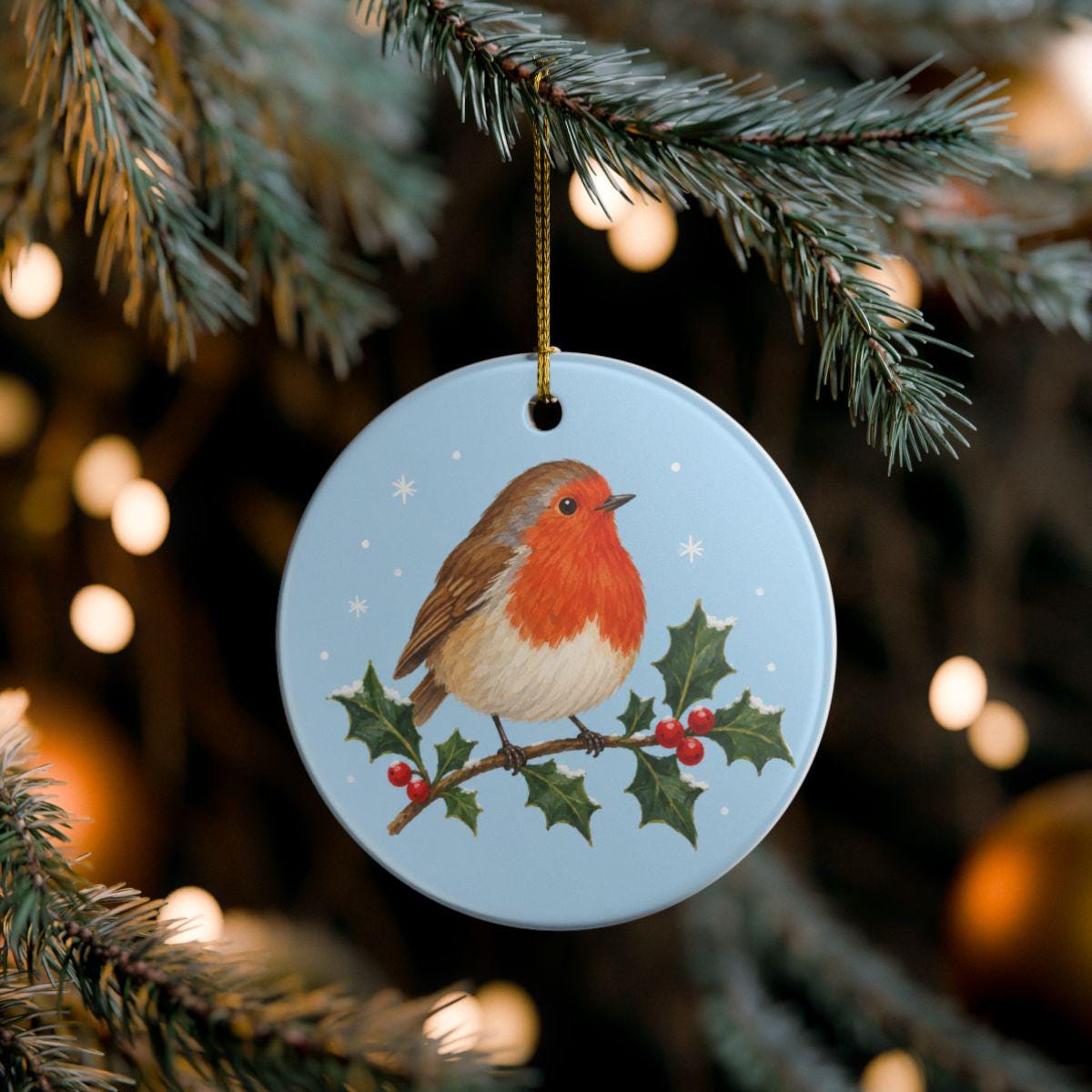 Robin on Holly Ceramic Ornament, Double Sided Round Christmas Decoration, Holiday Keepsake Gift