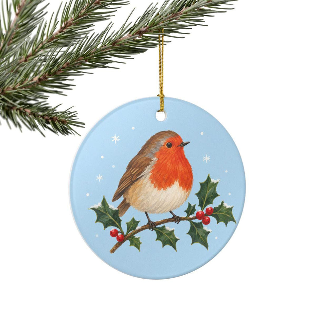 Robin on Holly Ceramic Ornament, Double Sided Round Christmas Decoration, Holiday Keepsake Gift