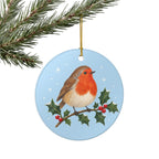 Robin on Holly Ceramic Ornament, Double Sided Round Christmas Decoration, Holiday Keepsake Gift