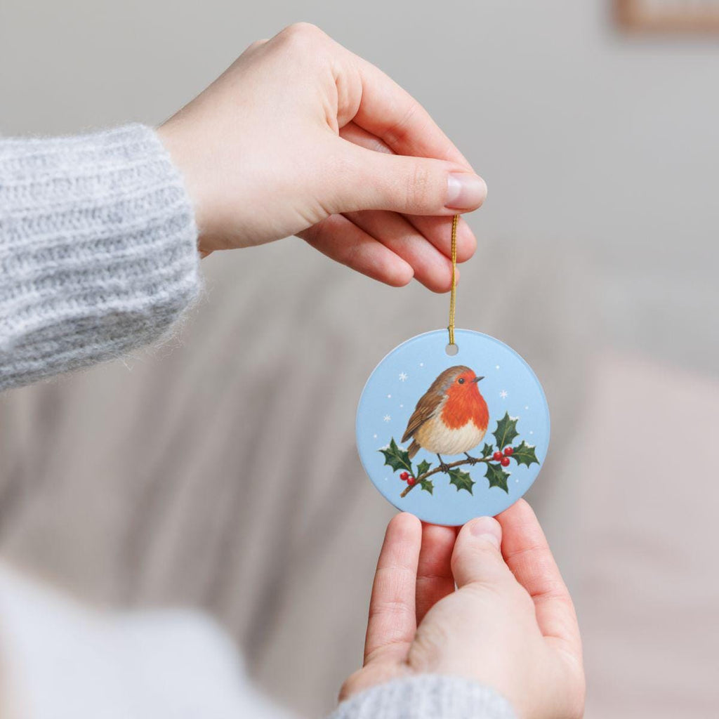 Robin on Holly Ceramic Ornament, Double Sided Round Christmas Decoration, Holiday Keepsake Gift