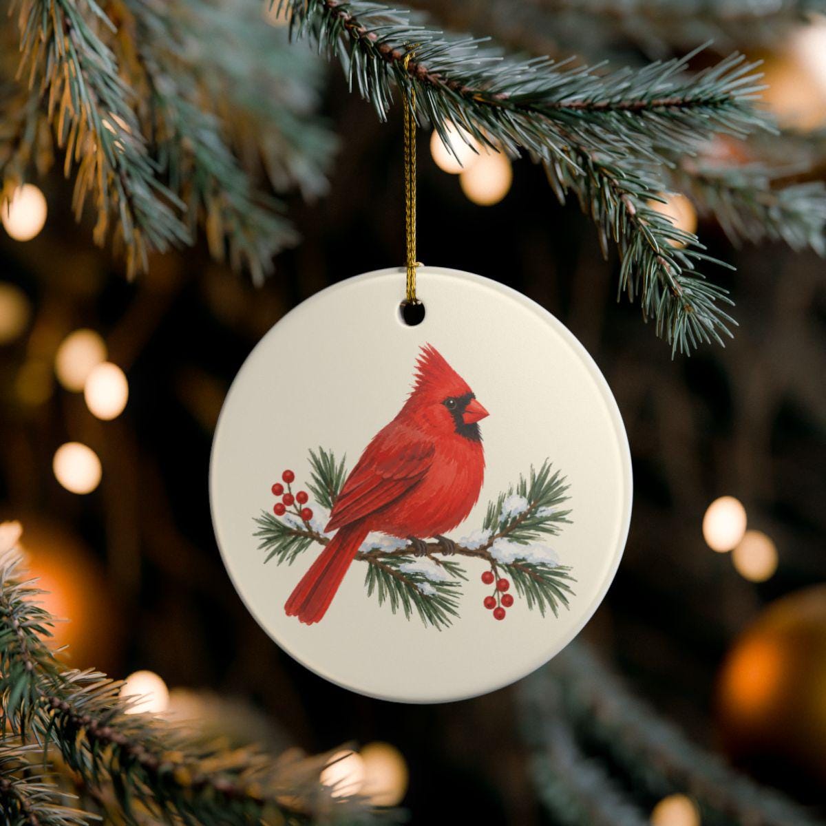 Red Cardinal and Pine Ceramic Ornament, Double Sided Round Christmas Decoration, Holiday Keepsake Gift