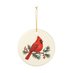 Red Cardinal and Pine Ceramic Ornament, Double Sided Round Christmas Decoration, Holiday Keepsake Gift