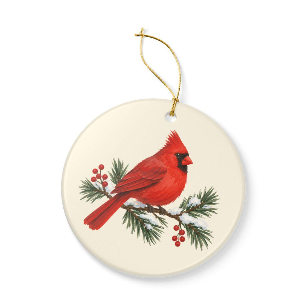 Red Cardinal and Pine Ceramic Ornament, Double Sided Round Christmas Decoration, Holiday Keepsake Gift