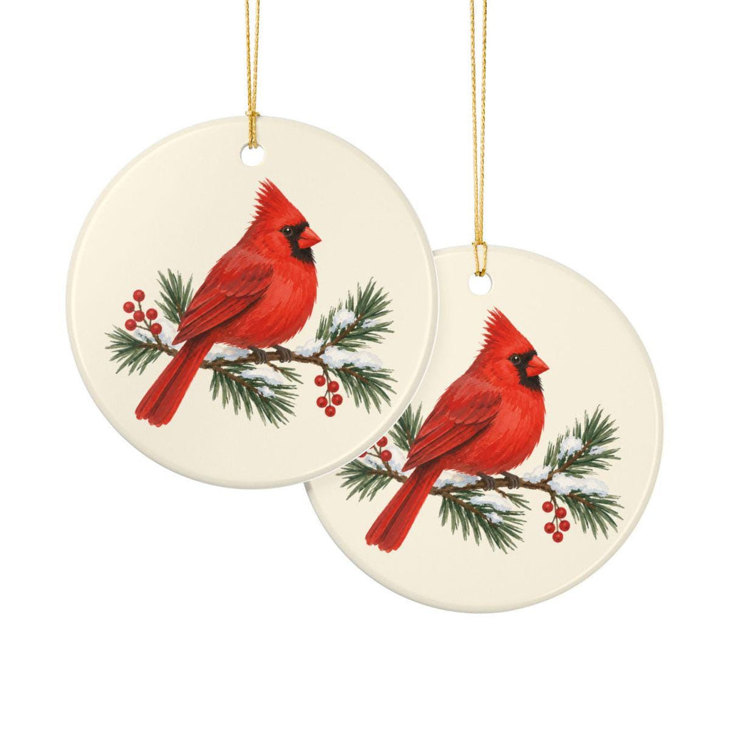 Red Cardinal and Pine Ceramic Ornament, Double Sided Round Christmas Decoration, Holiday Keepsake Gift