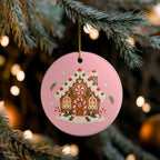 Gingerbread House Ceramic Ornament, Double Sided Round Christmas Decoration, Holiday Keepsake Gift