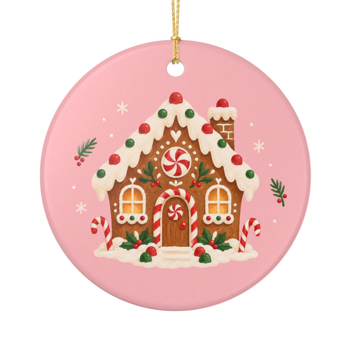 Gingerbread House Ceramic Ornament, Double Sided Round Christmas Decoration, Holiday Keepsake Gift