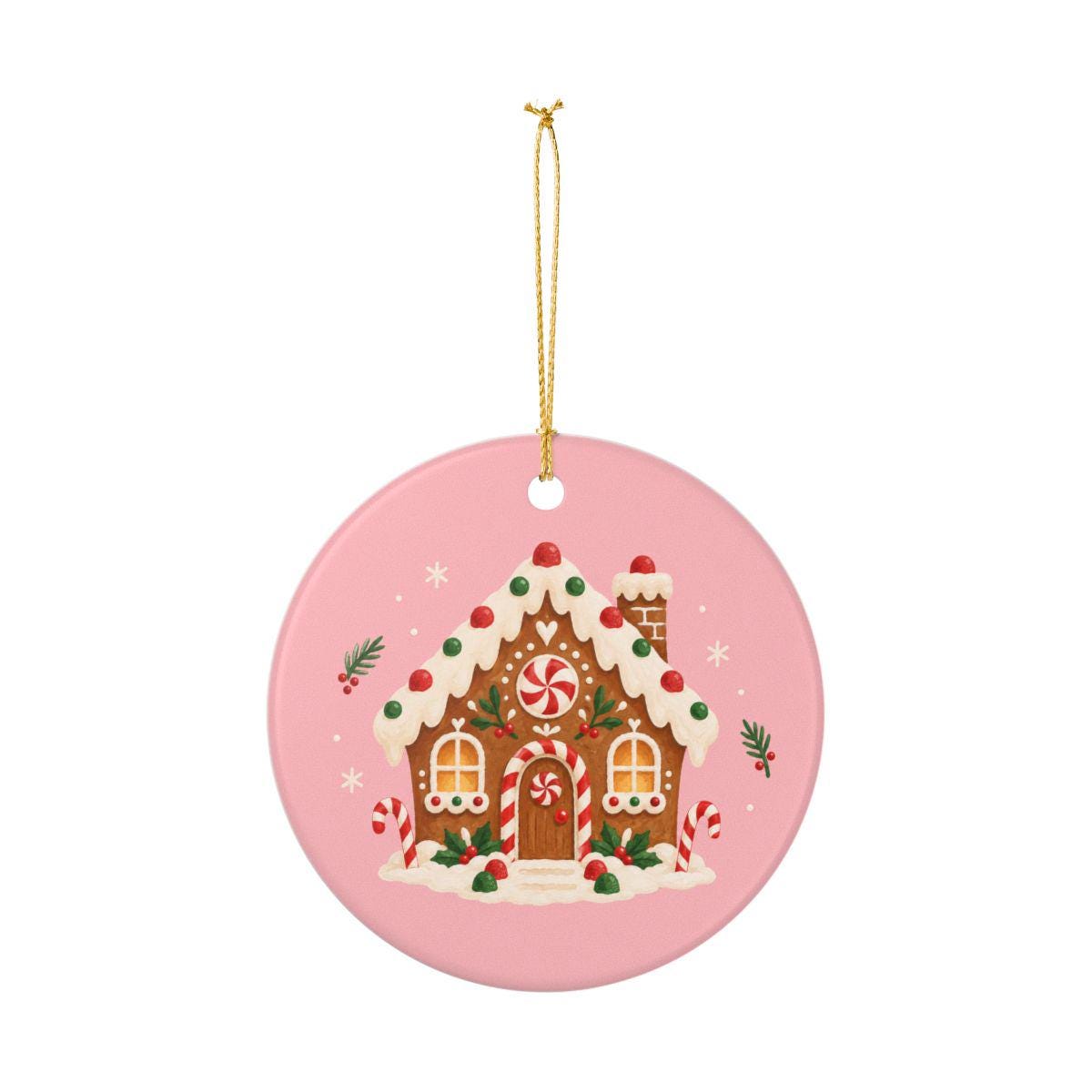 Gingerbread House Ceramic Ornament, Double Sided Round Christmas Decoration, Holiday Keepsake Gift