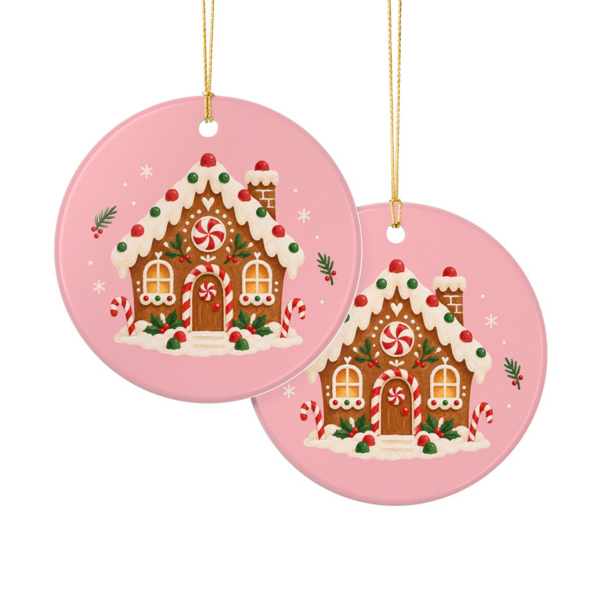 Gingerbread House Ceramic Ornament, Double Sided Round Christmas Decoration, Holiday Keepsake Gift