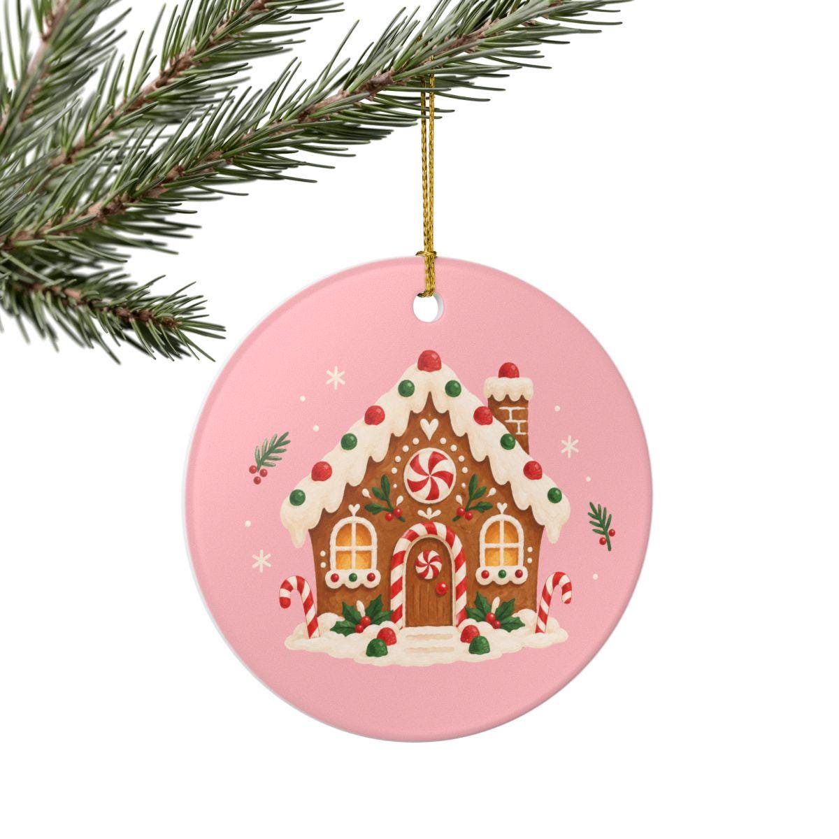 Gingerbread House Ceramic Ornament, Double Sided Round Christmas Decoration, Holiday Keepsake Gift
