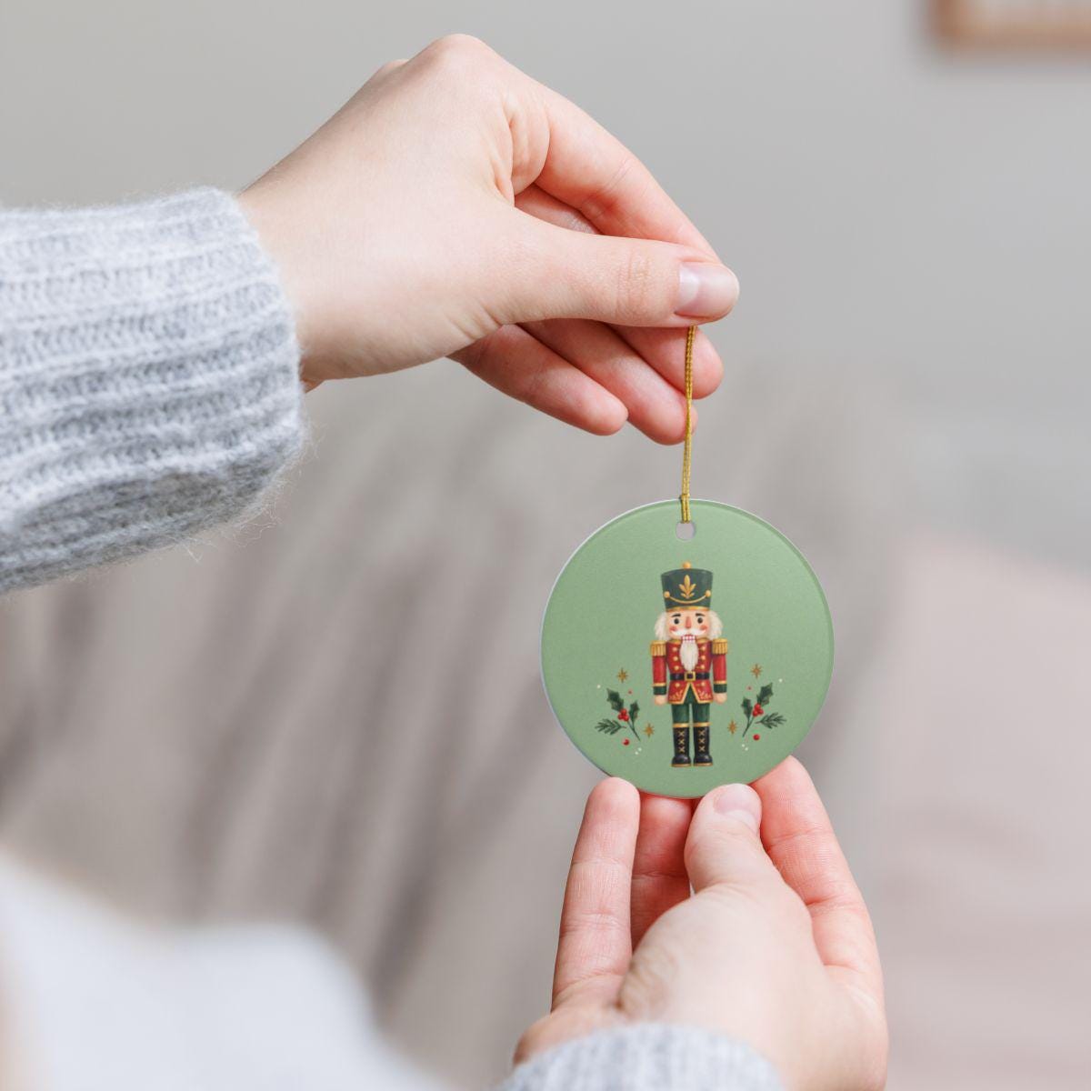 Classic Nutcracker Ceramic Ornament, Double Sided Round Christmas Decoration, Holiday Keepsake Gift