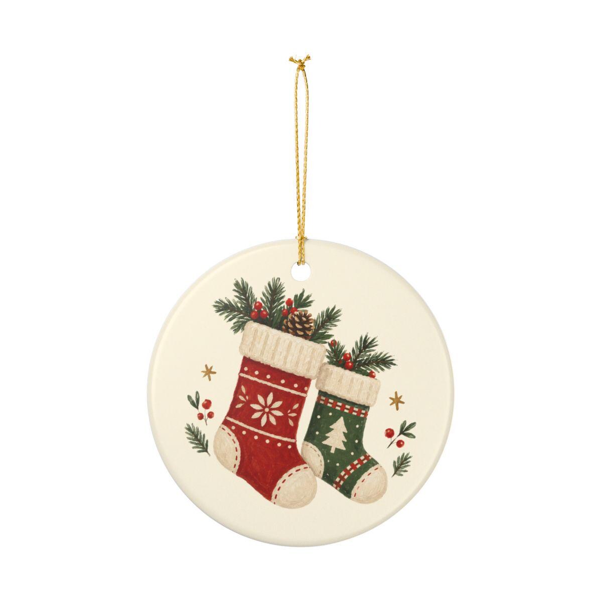 Cozy Christmas Stockings Ceramic Ornament, Double Sided Round Christmas Decoration, Holiday Keepsake Gift