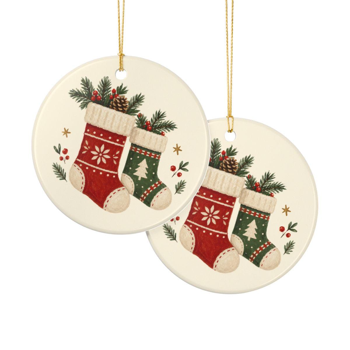 Cozy Christmas Stockings Ceramic Ornament, Double Sided Round Christmas Decoration, Holiday Keepsake Gift