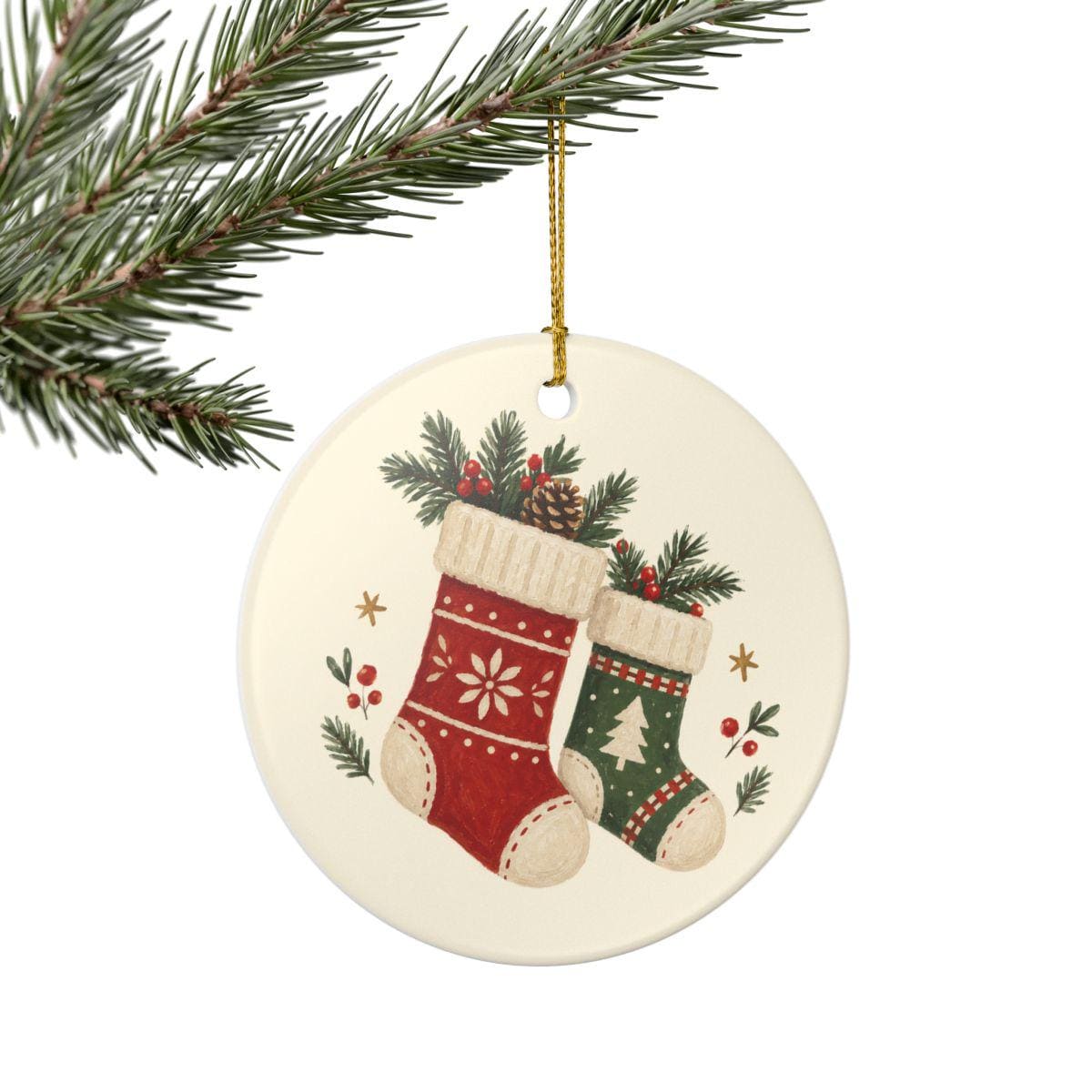 Cozy Christmas Stockings Ceramic Ornament, Double Sided Round Christmas Decoration, Holiday Keepsake Gift