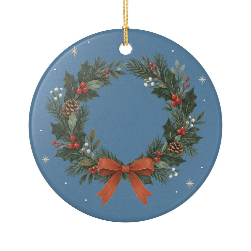Holly Christmas Wreath Ceramic Ornament, Double Sided Round Christmas Decoration, Holiday Keepsake Gift