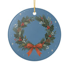 Holly Christmas Wreath Ceramic Ornament, Double Sided Round Christmas Decoration, Holiday Keepsake Gift