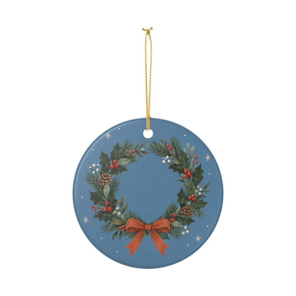 Holly Christmas Wreath Ceramic Ornament, Double Sided Round Christmas Decoration, Holiday Keepsake Gift