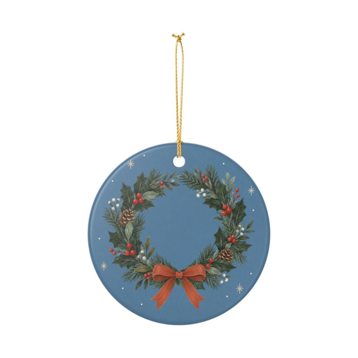 Holly Christmas Wreath Ceramic Ornament, Double Sided Round Christmas Decoration, Holiday Keepsake Gift