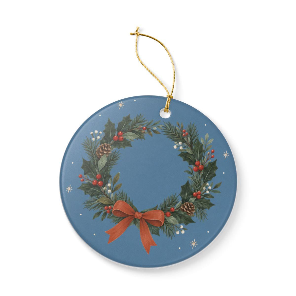 Holly Christmas Wreath Ceramic Ornament, Double Sided Round Christmas Decoration, Holiday Keepsake Gift