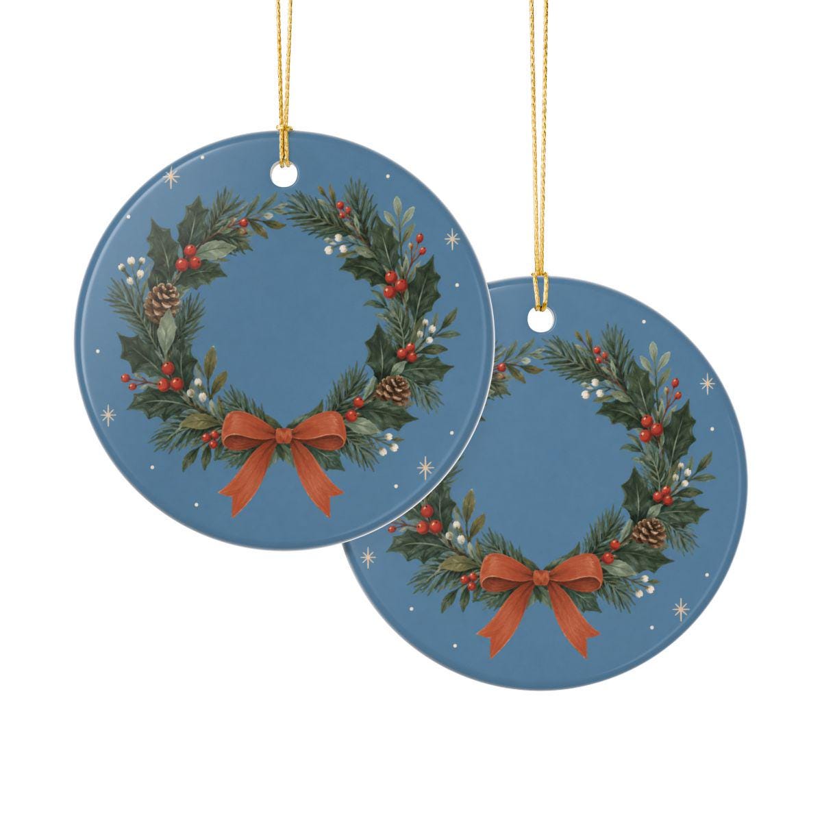 Holly Christmas Wreath Ceramic Ornament, Double Sided Round Christmas Decoration, Holiday Keepsake Gift
