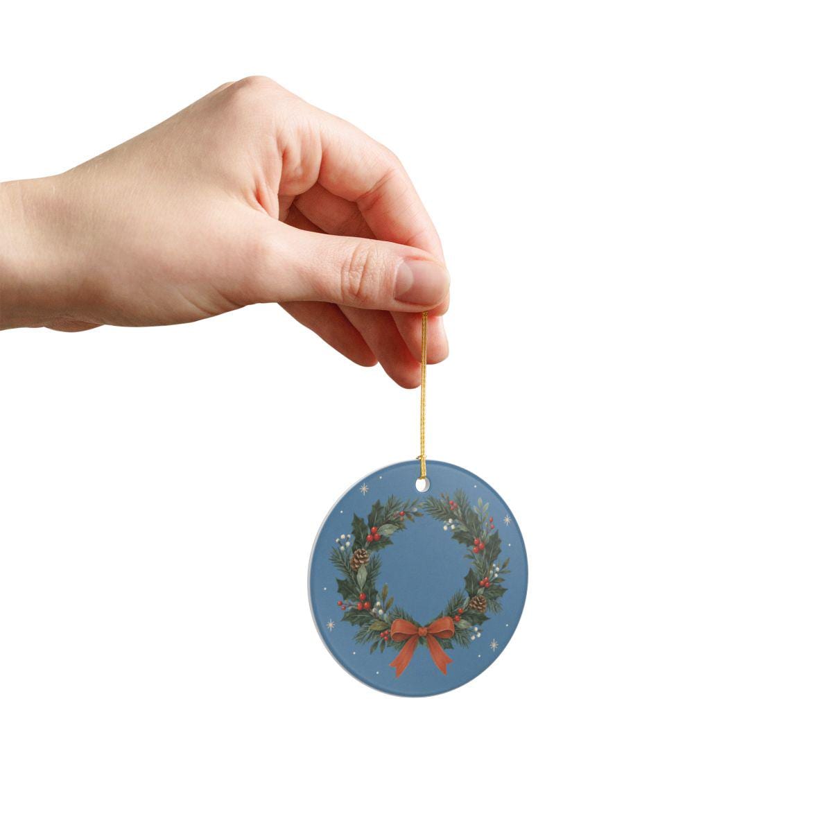 Holly Christmas Wreath Ceramic Ornament, Double Sided Round Christmas Decoration, Holiday Keepsake Gift