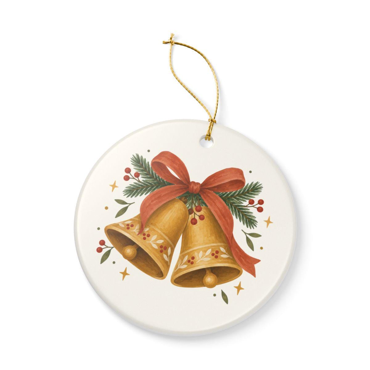 Christmas Bells and Ribbon Ceramic Ornament, Double Sided Round Christmas Decoration, Holiday Keepsake Gift