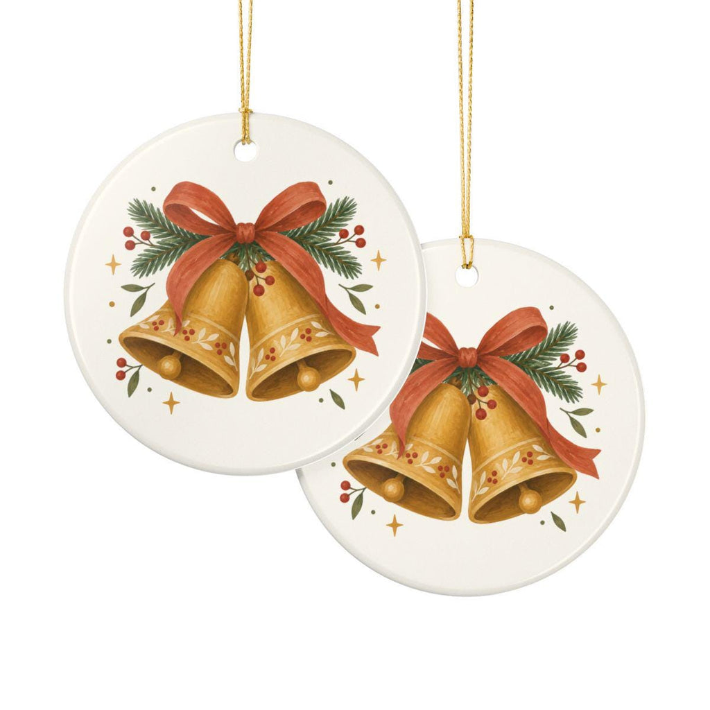 Christmas Bells and Ribbon Ceramic Ornament, Double Sided Round Christmas Decoration, Holiday Keepsake Gift