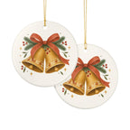 Christmas Bells and Ribbon Ceramic Ornament, Double Sided Round Christmas Decoration, Holiday Keepsake Gift