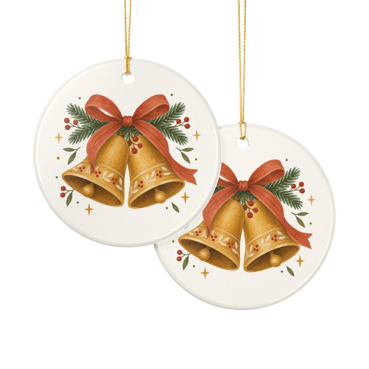 Christmas Bells and Ribbon Ceramic Ornament, Double Sided Round Christmas Decoration, Holiday Keepsake Gift