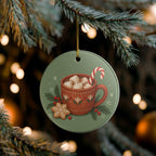 Christmas Hot Cocoa Ceramic Ornament, Double Sided Round Christmas Decoration, Holiday Keepsake Gift