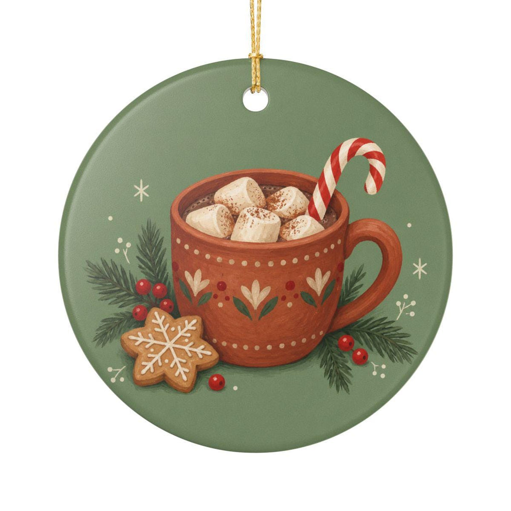 Christmas Hot Cocoa Ceramic Ornament, Double Sided Round Christmas Decoration, Holiday Keepsake Gift
