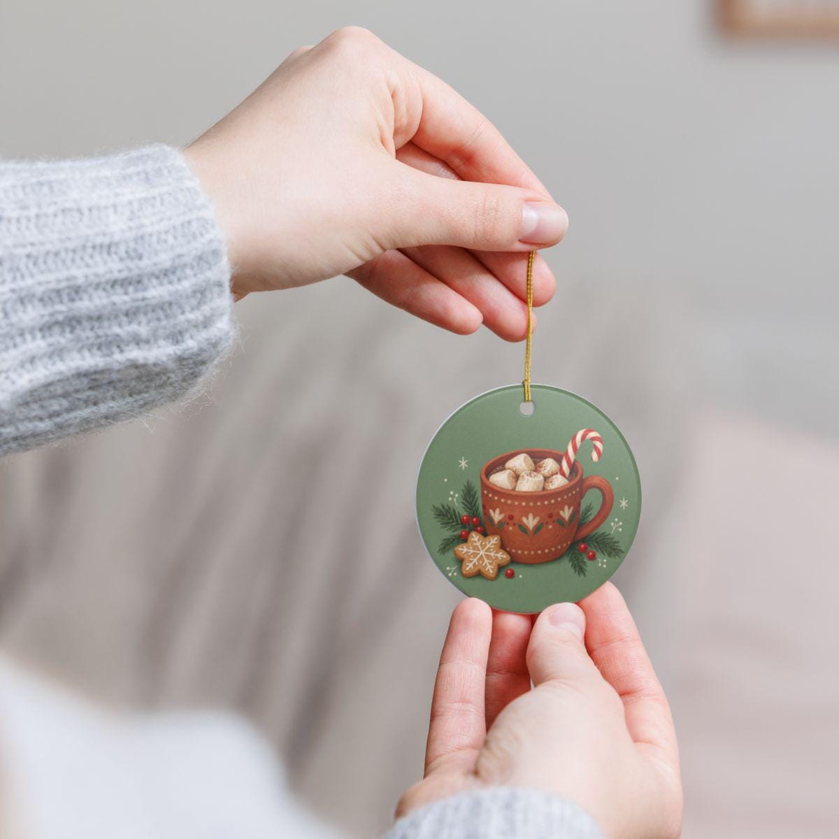 Christmas Hot Cocoa Ceramic Ornament, Double Sided Round Christmas Decoration, Holiday Keepsake Gift