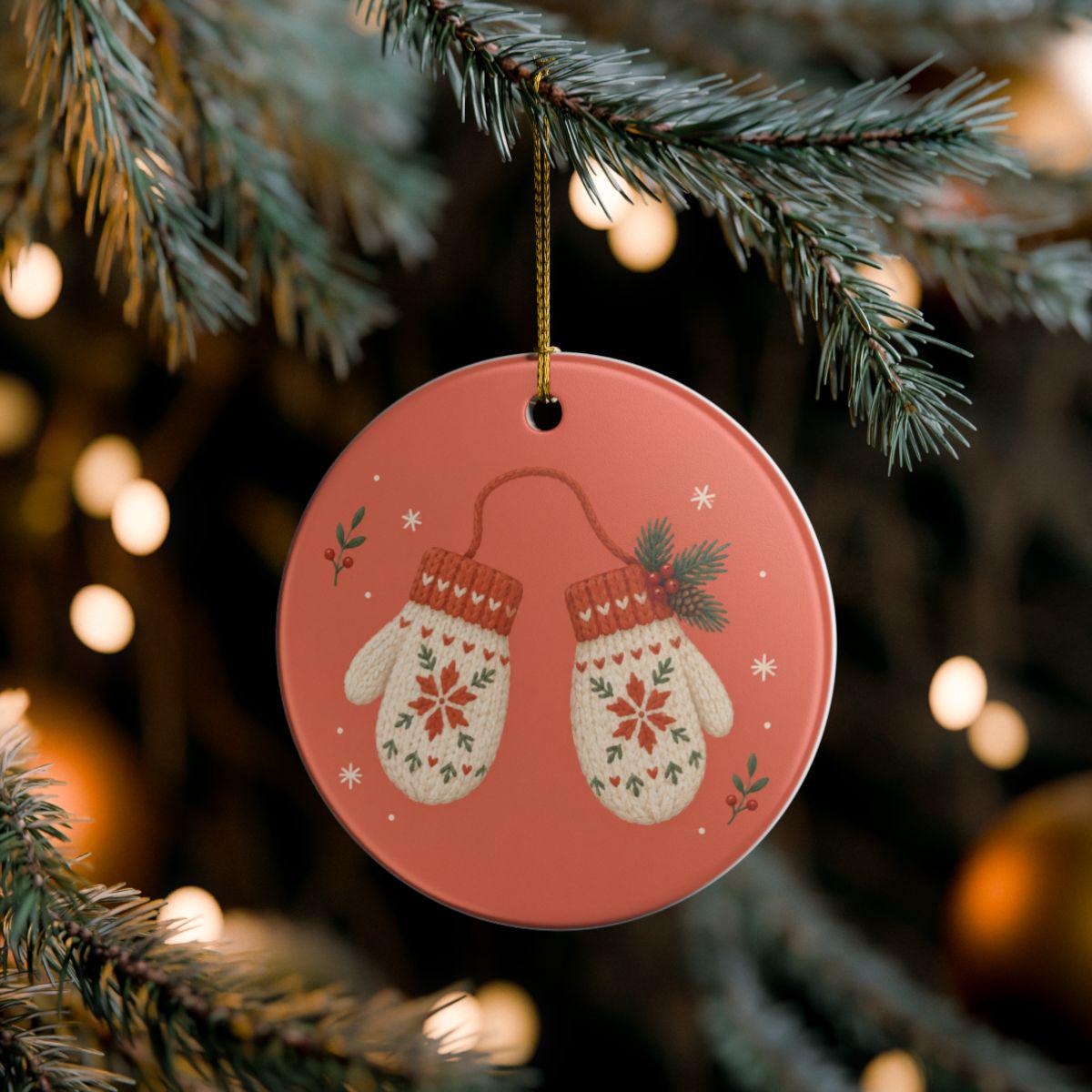 Winter Mittens Ceramic Ornament, Double Sided Round Christmas Decoration, Holiday Keepsake Gift