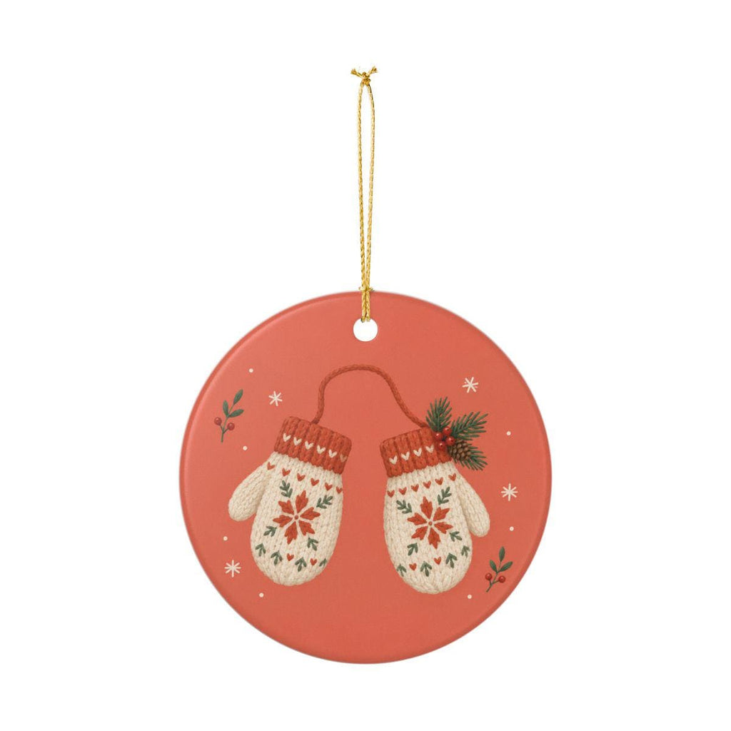Winter Mittens Ceramic Ornament, Double Sided Round Christmas Decoration, Holiday Keepsake Gift