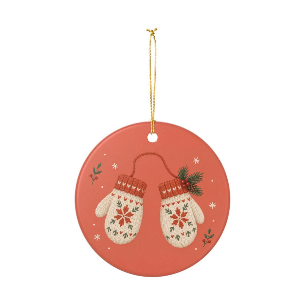 Winter Mittens Ceramic Ornament, Double Sided Round Christmas Decoration, Holiday Keepsake Gift