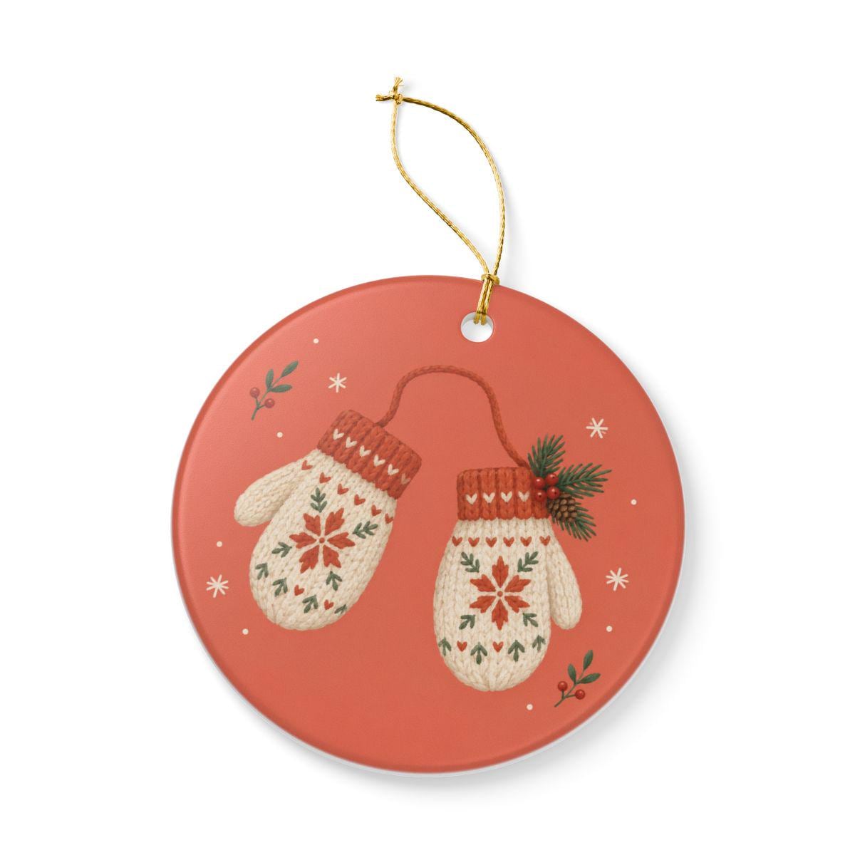 Winter Mittens Ceramic Ornament, Double Sided Round Christmas Decoration, Holiday Keepsake Gift