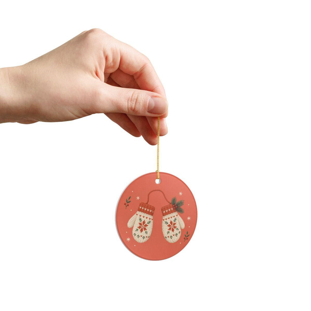 Winter Mittens Ceramic Ornament, Double Sided Round Christmas Decoration, Holiday Keepsake Gift