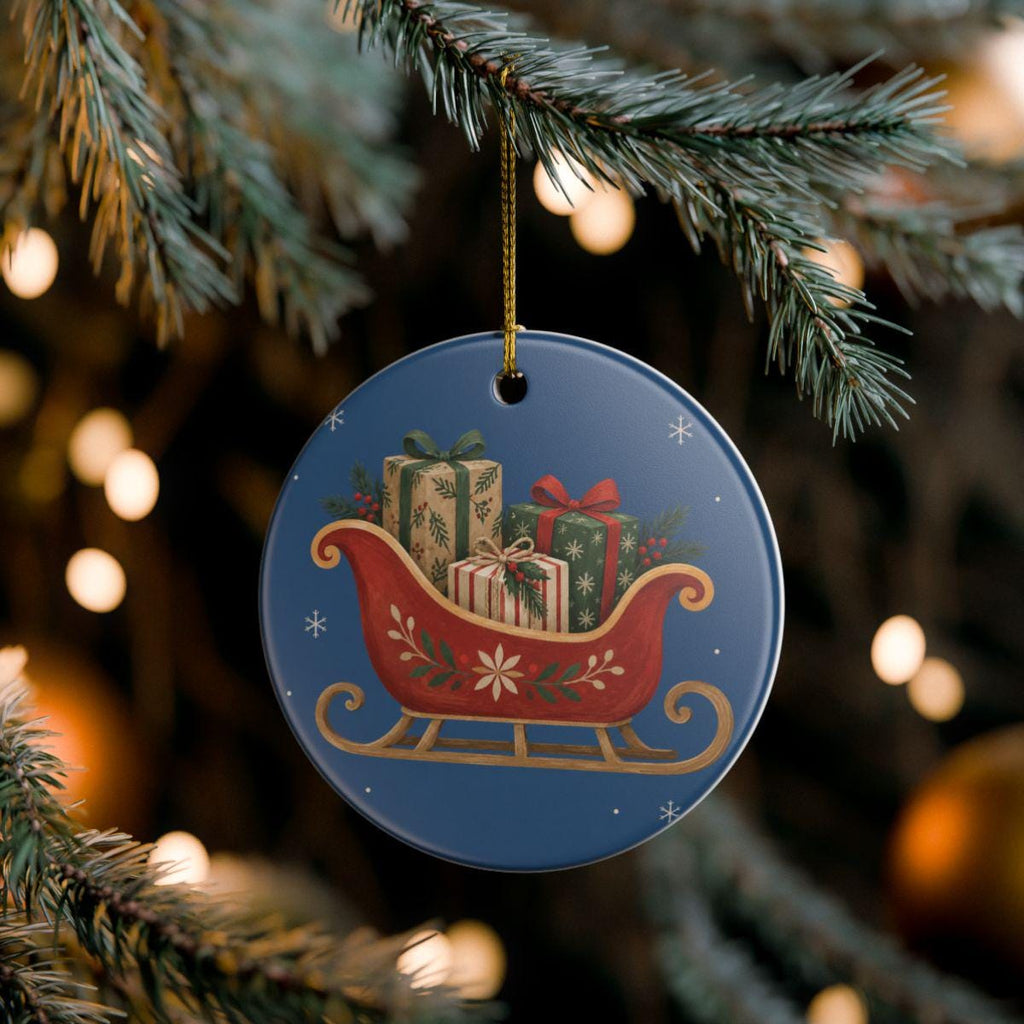 Santa Sleigh and Gifts Ceramic Ornament, Double Sided Round Christmas Decoration, Holiday Keepsake Gift